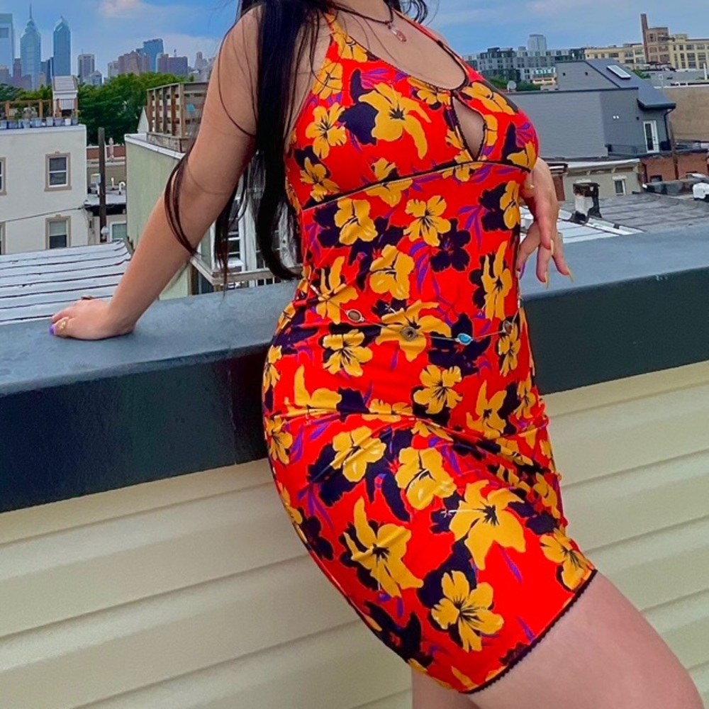 Urban Outfitters Women’s Floral Crossback Bodycon Dress Orange Yellow